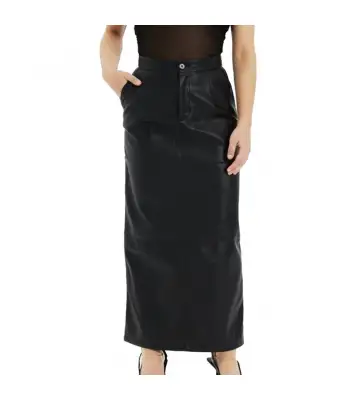 Womens High Waist Long Genuine Black Leather Skirt
