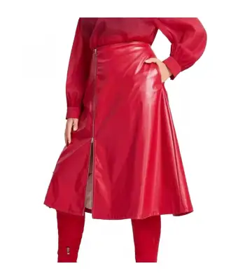 Hot Red Leather Knee-Length Skirt