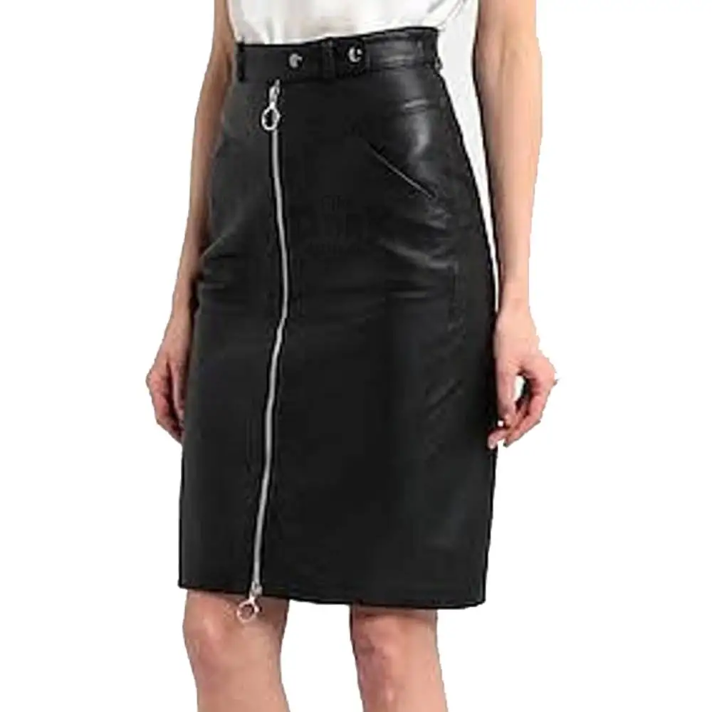 Women Front Zip Real Black Leather Belted Mini Skirt