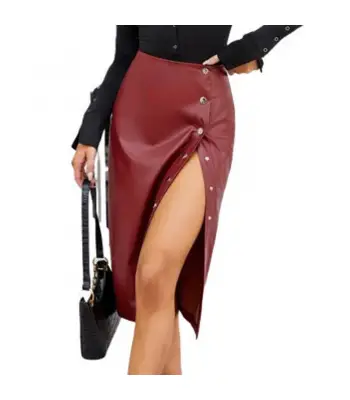 Slit High Waist Side Ruched Red Leather Button Skirt