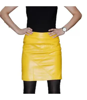 Women Yellow Mini Pencil Leather Skirt