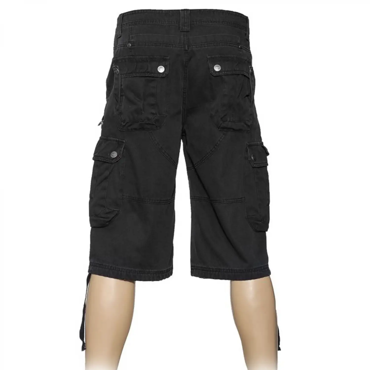 Mens Black Dieselpunk Cargo Shorts Zipper Men black baggy fit cargo shorts extending below the knee with large side pockets and zipper detail.