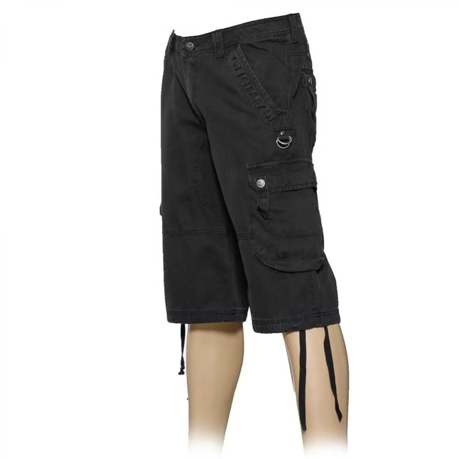 Mens Black Dieselpunk Cargo Shorts Zipper Men black baggy fit cargo shorts extending below the knee with large side pockets and zipper detail.