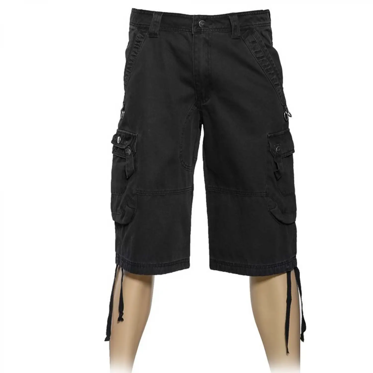 Mens Black Dieselpunk Cargo Shorts Zipper Men black baggy fit cargo shorts extending below the knee with large side pockets and zipper detail.