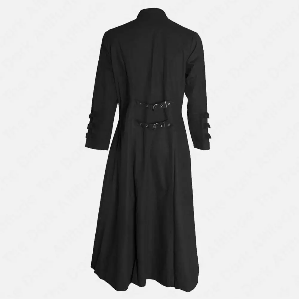 Rivets Straps Gothic Uniform Long Trench Coat | Men Zipper Buckle Full Length Black Coat