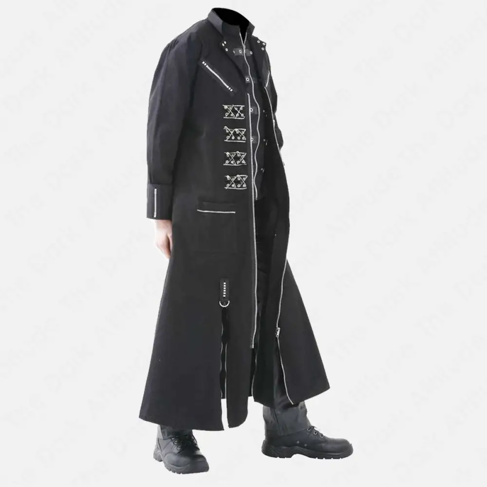 Metal Pins EMO Punk Long Coat Mens | Adjustable Buckle Zipper Gothic Men Coat