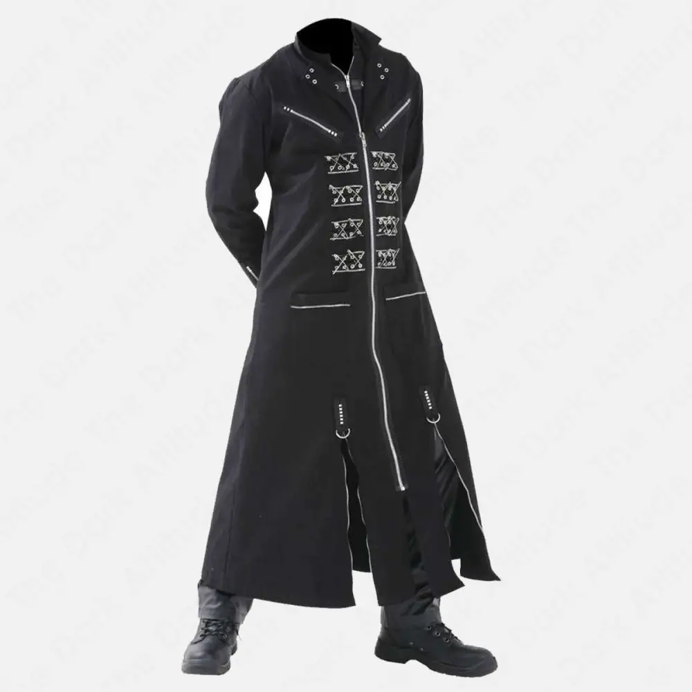 Metal Pins EMO Punk Long Coat Mens | Adjustable Buckle Zipper Gothic Men Coat