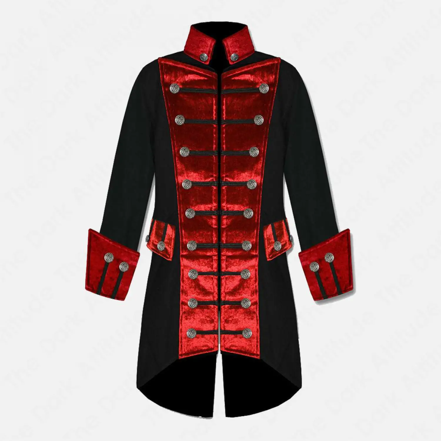 Men's Steampunk Gothic Vampire Velvet Coat Men's steampunk vampire velvet frock coat, black/red, featuring double-breasted button design.