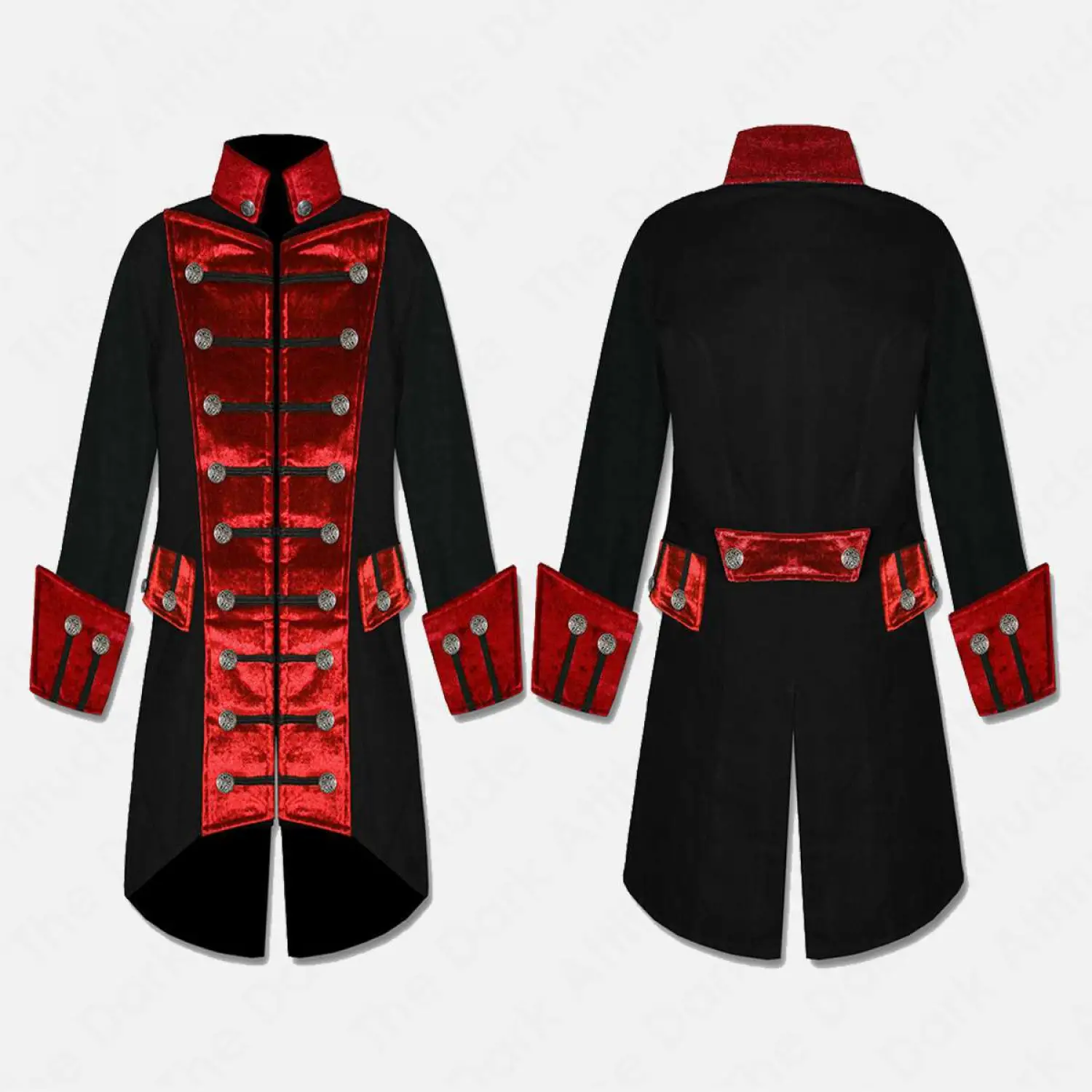 Men's Steampunk Gothic Vampire Velvet Coat Men's steampunk vampire velvet frock coat, black/red, featuring double-breasted button design.