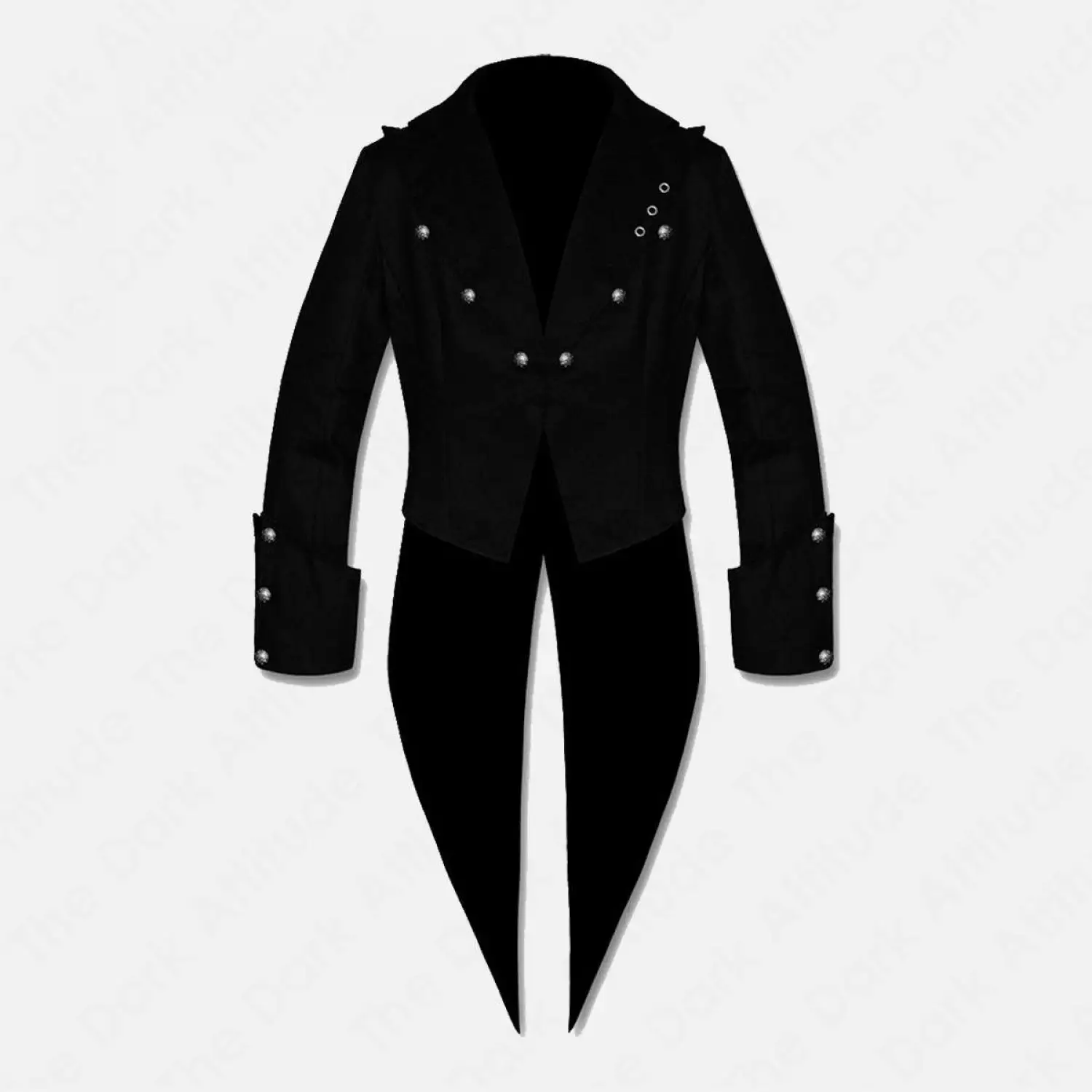 Men's black steampunk vampire swallowtail coat featuring detailed lapels and buttoned cuffs.