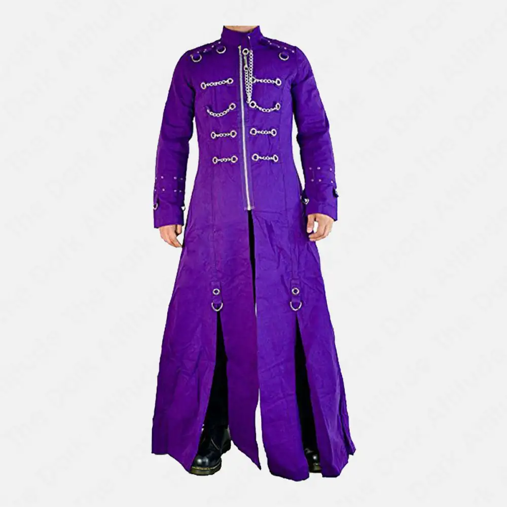 Pinhead Hellraiser Long Coat | Mens Purple Gothic Chains Full Length Coat
