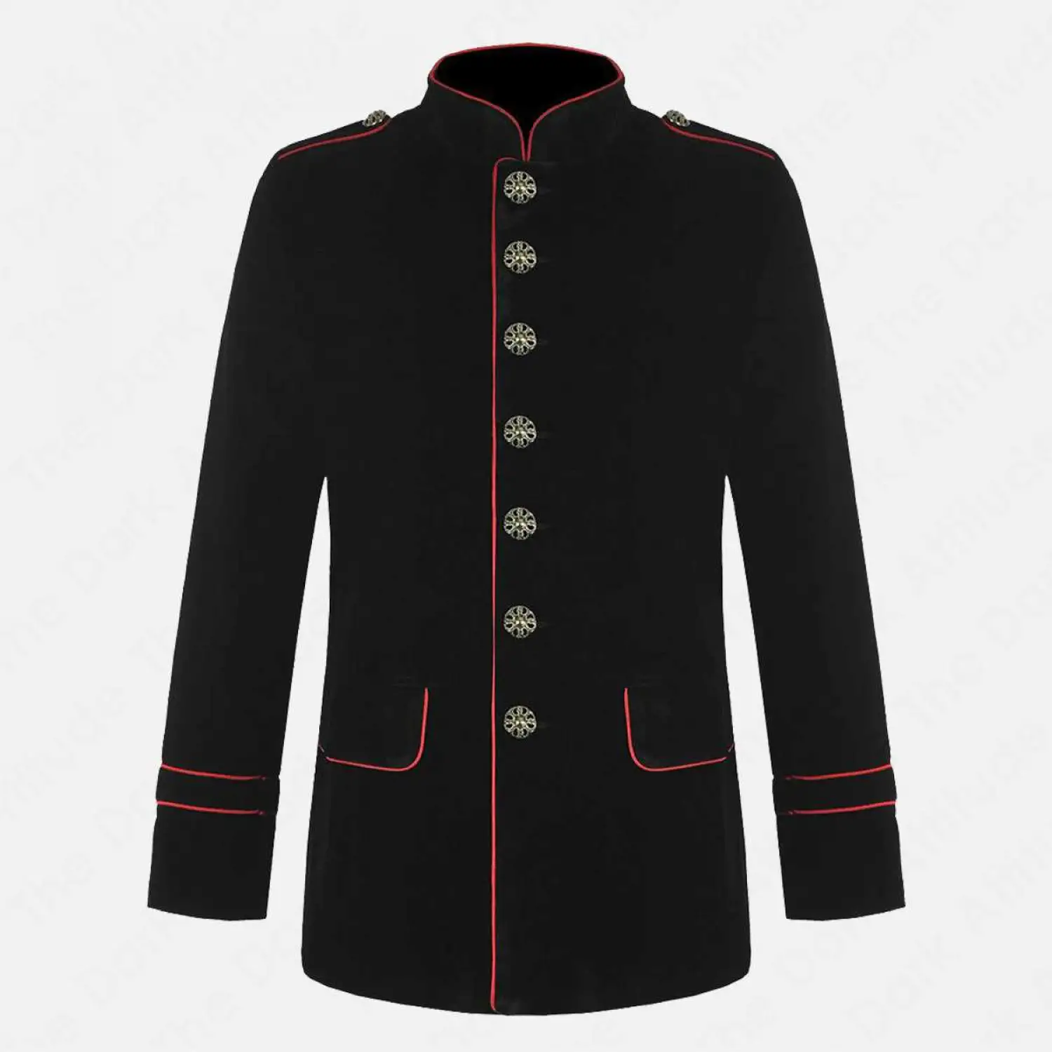 Men's black military parade coat with red piping and silver buttons