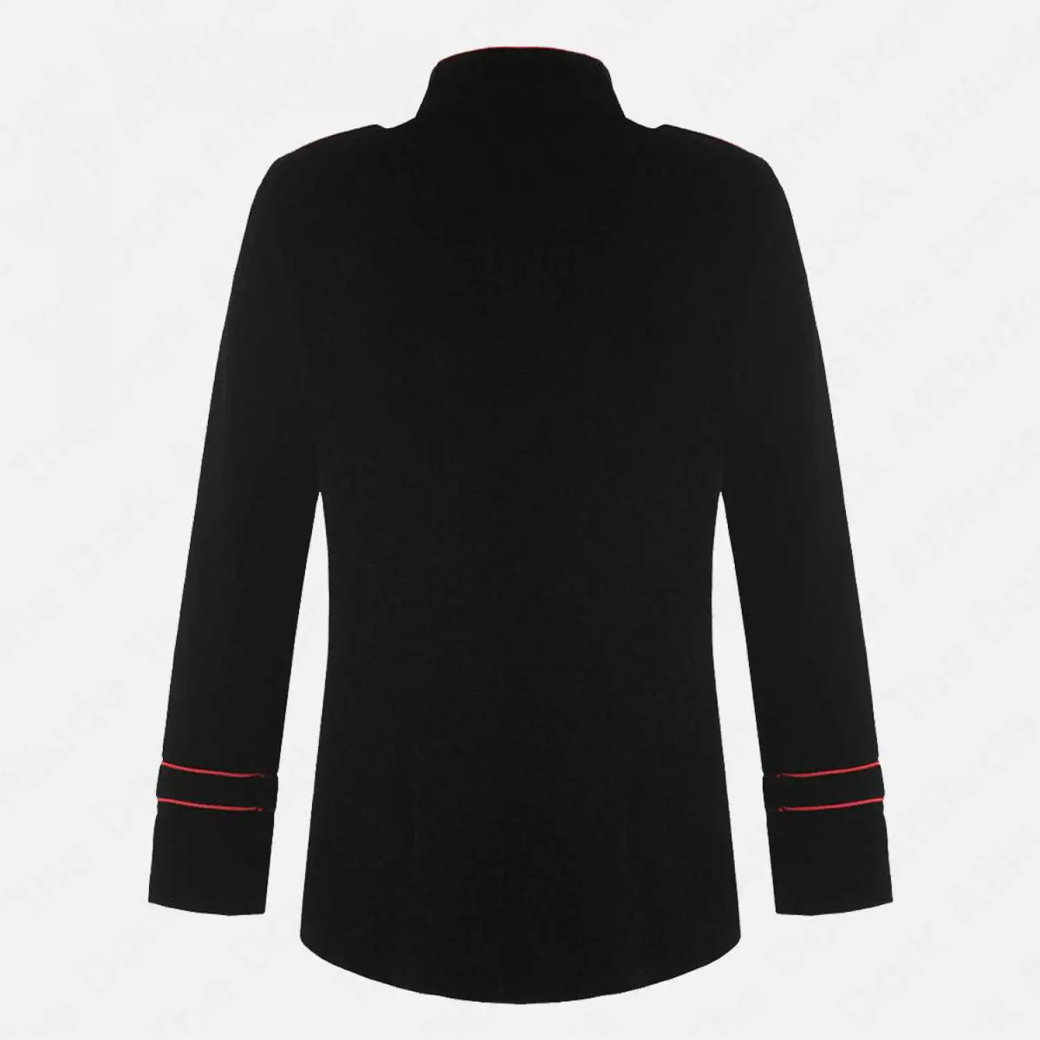 Men's black military parade coat with red piping and silver buttons