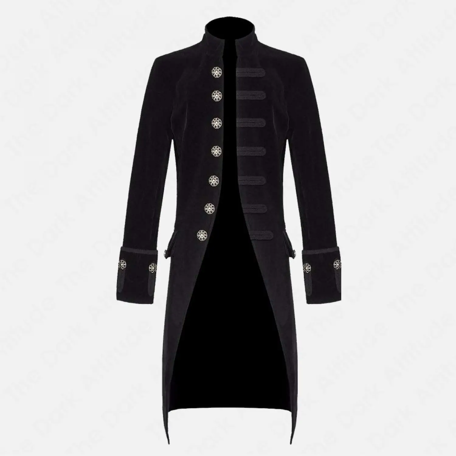 Men’s red black gothic velvet frock coat with pentagram steampunk design