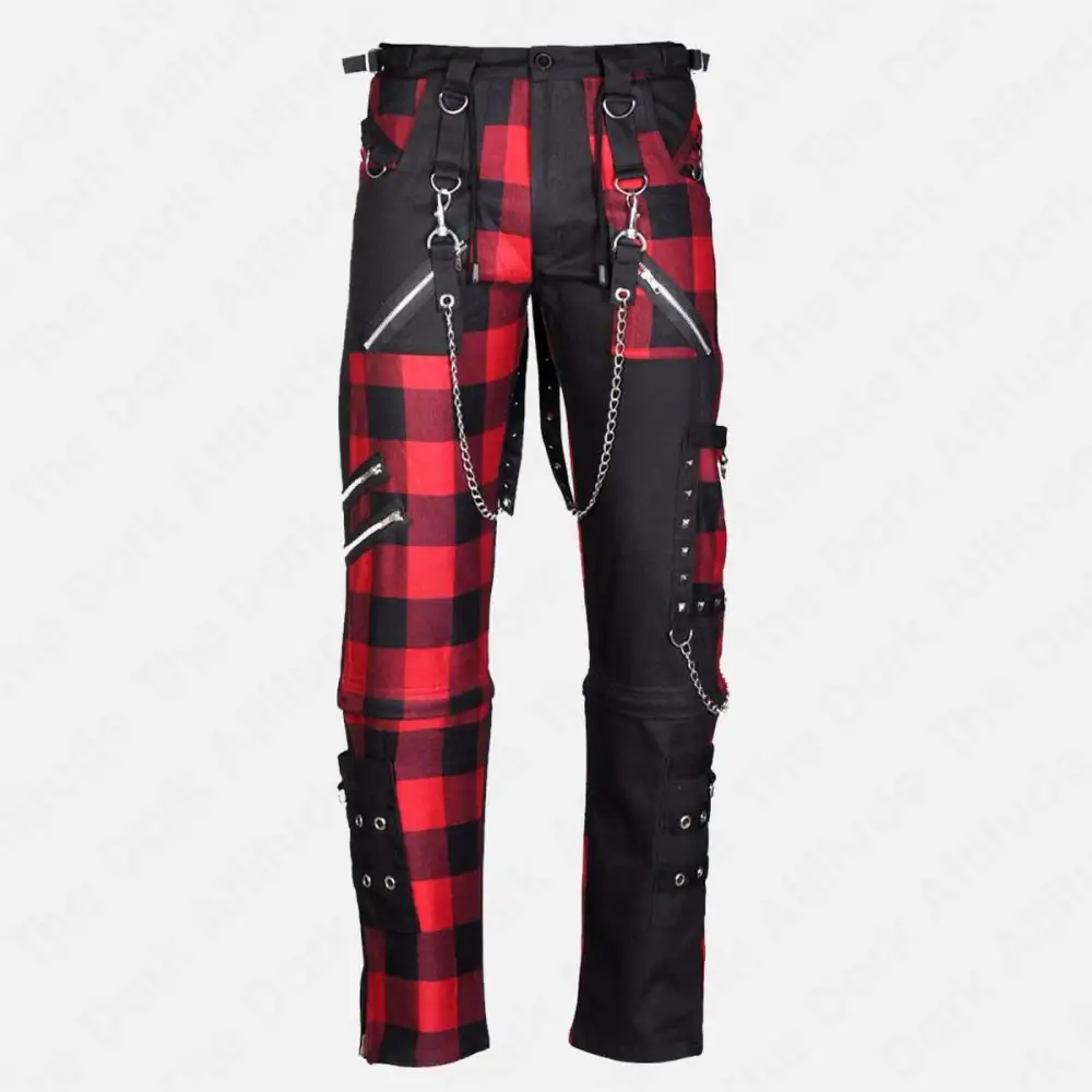 Red Plaid Punk Pant Mens | Damned Checked Gothic Straps Pant