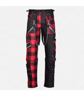 Red Plaid Punk Pant Mens | Damned Checked Gothic Straps Pant