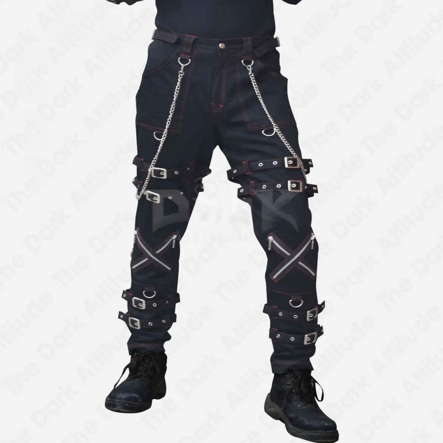 Bondage Chains Buckle Pant Red Threads Gothic Cross Zip Jeans