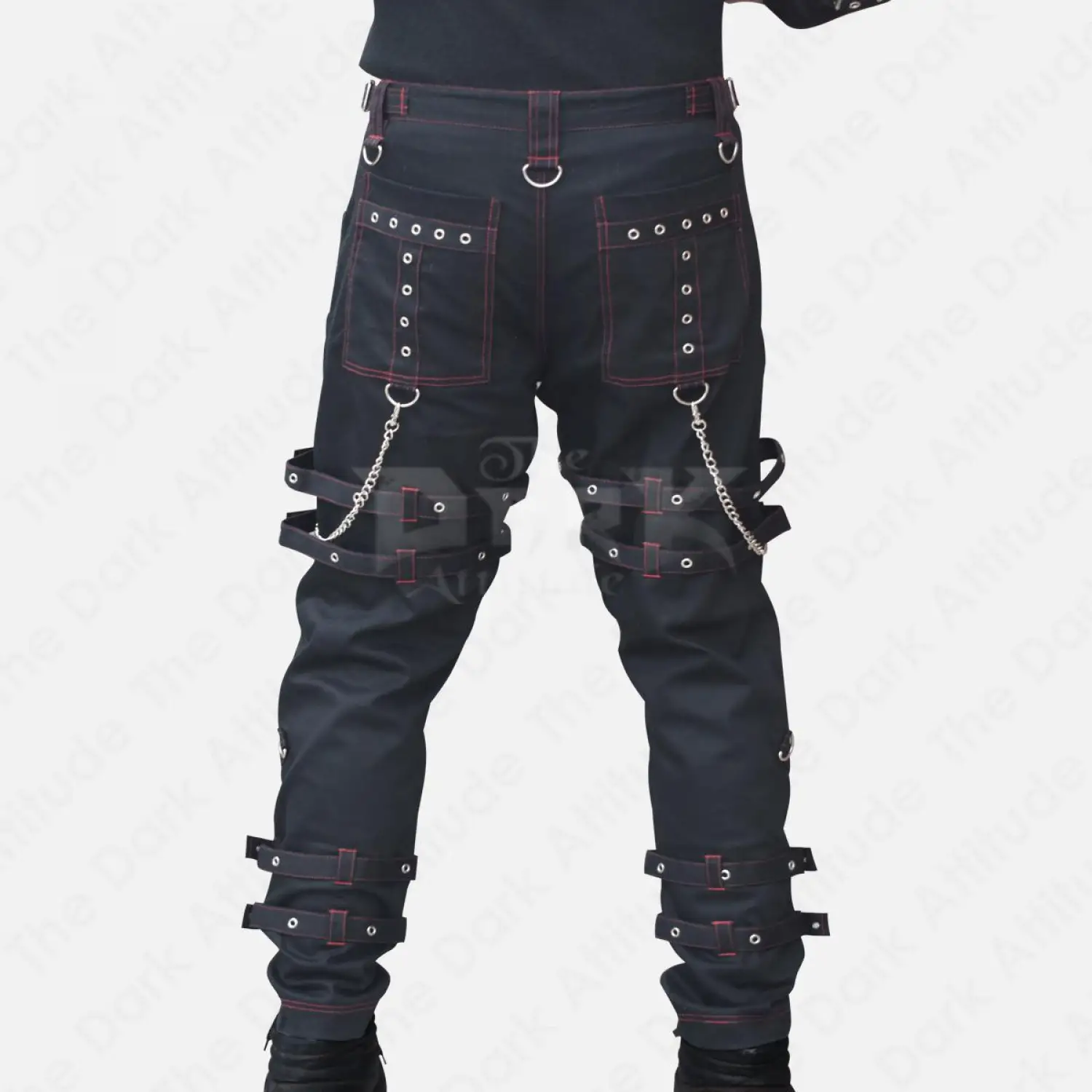 Bondage Chains Buckle Pant Red Threads Gothic Cross Zip Jeans