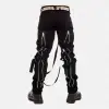 Men's black industrial cargo pants featuring silver zippers and multiple tactical straps.
