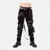 Men's black industrial cargo pants featuring silver zippers and multiple tactical straps.