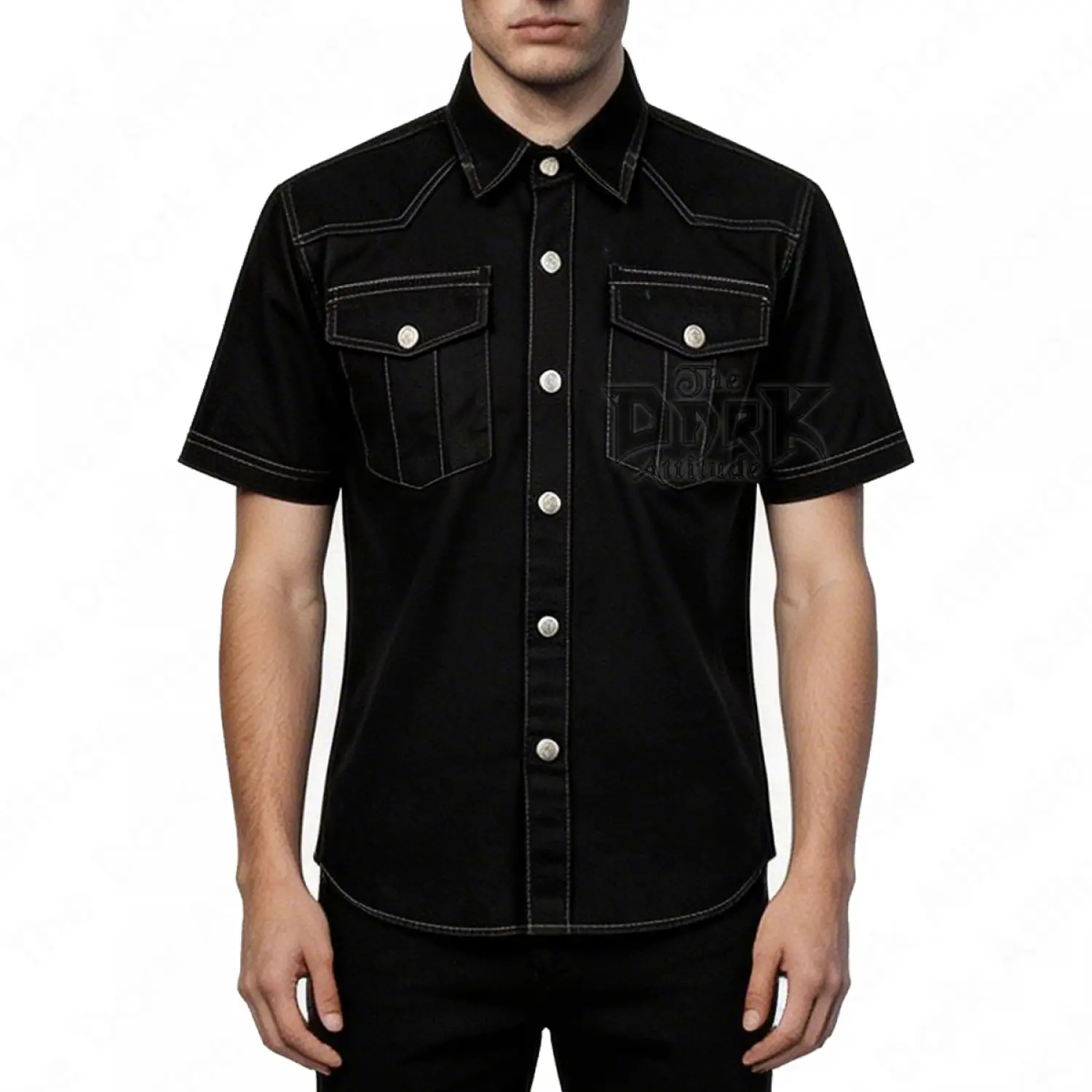 Gothic black contrast stitch short sleeve shirt with metal buttons