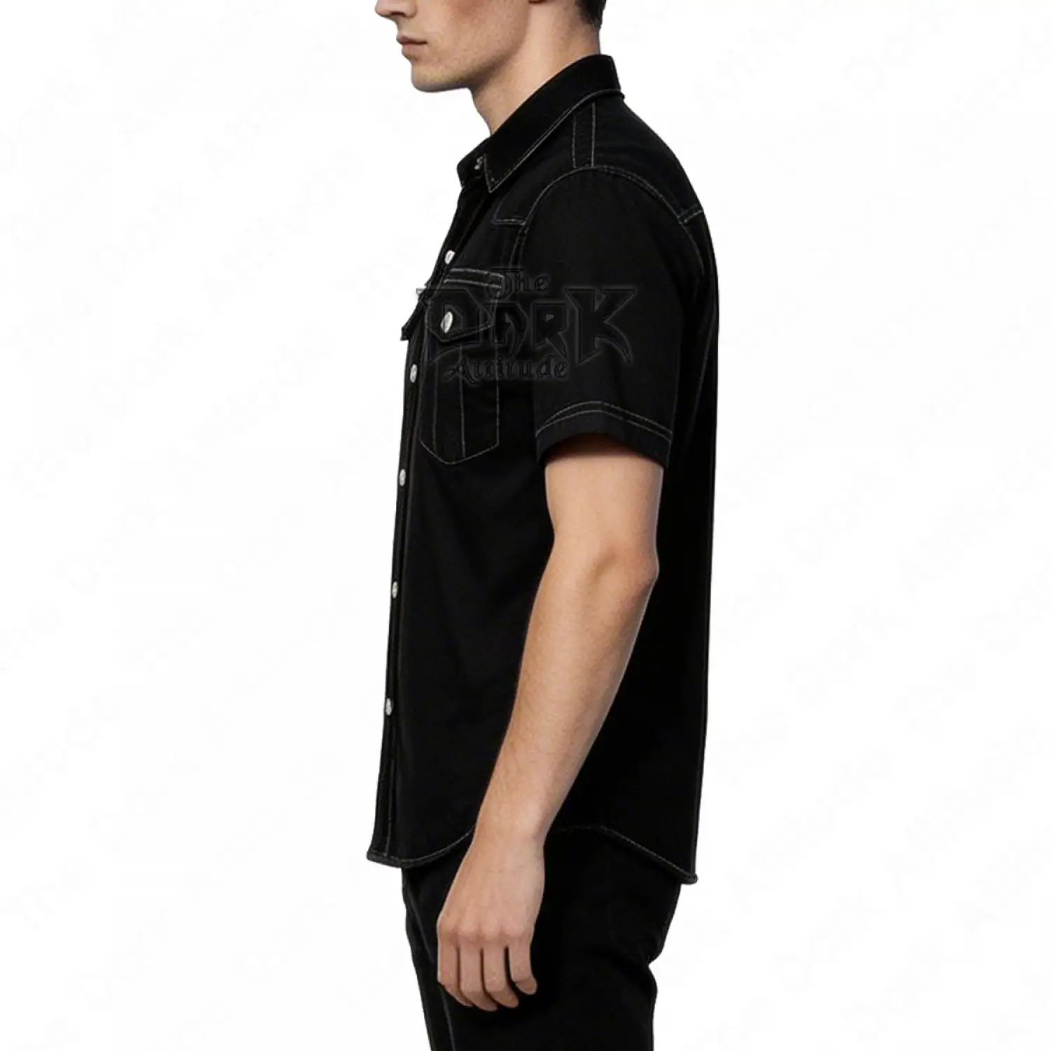 Gothic black contrast stitch short sleeve shirt with metal buttons