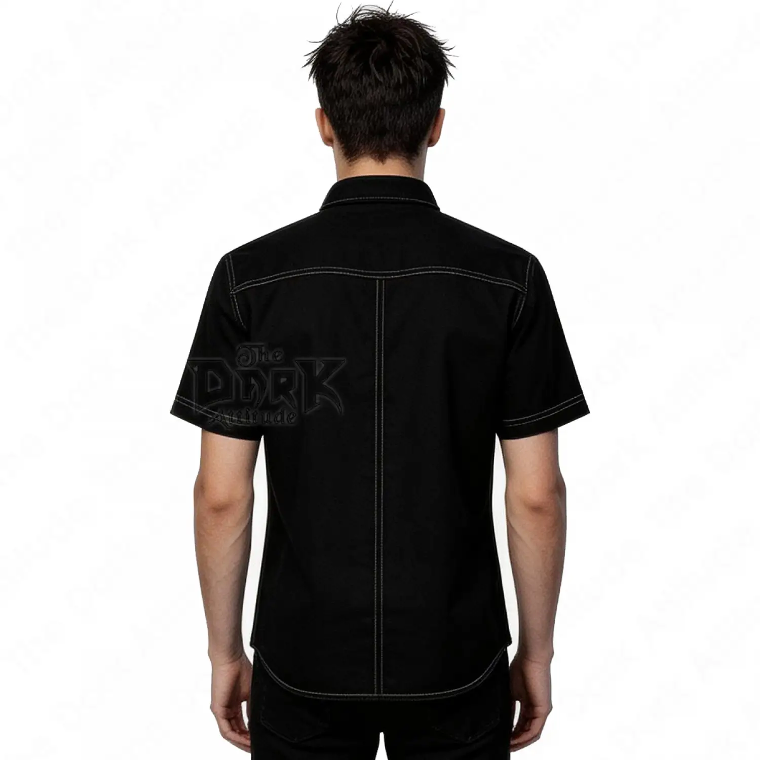 Gothic black contrast stitch short sleeve shirt with metal buttons