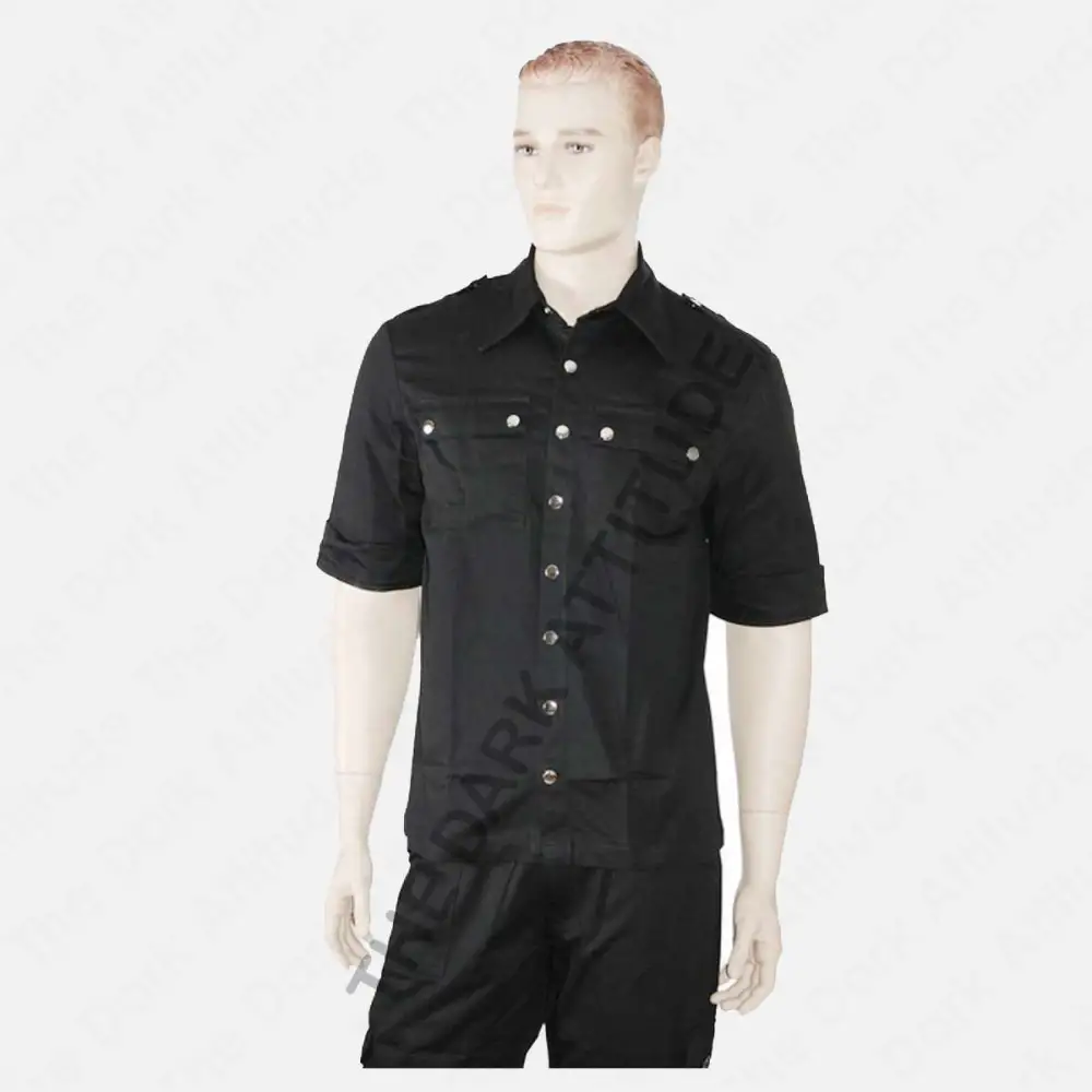Men's Gothic Button Up Half Sleeve Shirt Punk Rock Security Officer Shirt