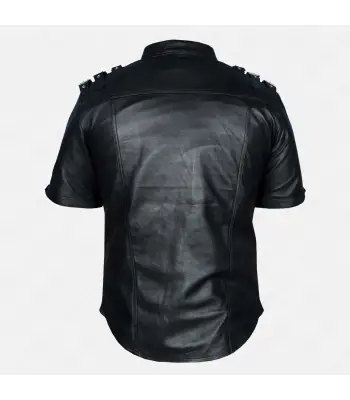 Gothic Real Leather Shirt Punk Rock Bondage Half Sleeve Black Shirt