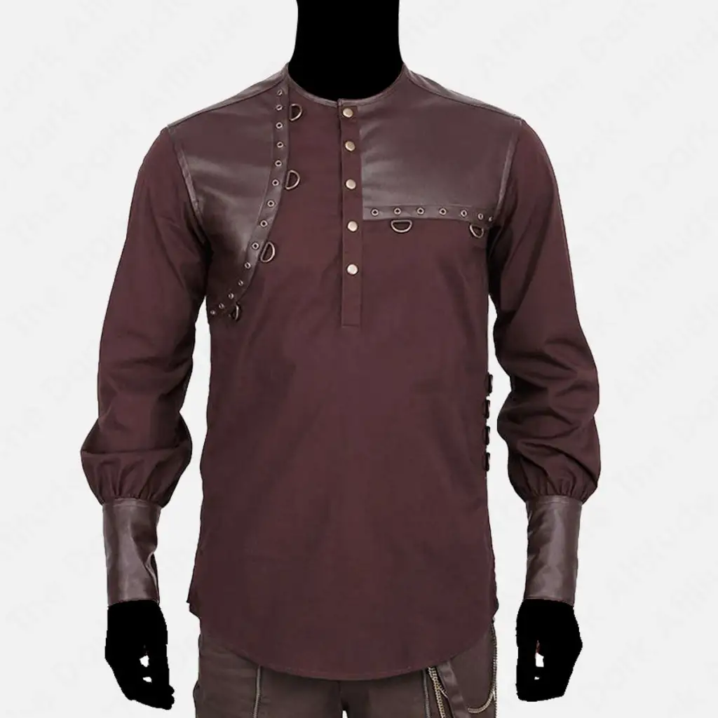 Men's Steampunk Brown Henley Gothic Shirt with Leather Panels Men's Steampunk Brown Henley Gothic Shirt with Leather Panels