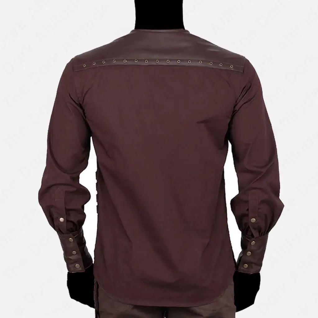 Men's Steampunk Brown Henley Gothic Shirt with Leather Panels