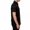 Men's black gothic leather shoulder shirt with red contrast stitching and D-rings.