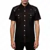Men's black gothic leather shoulder shirt with red contrast stitching and D-rings.