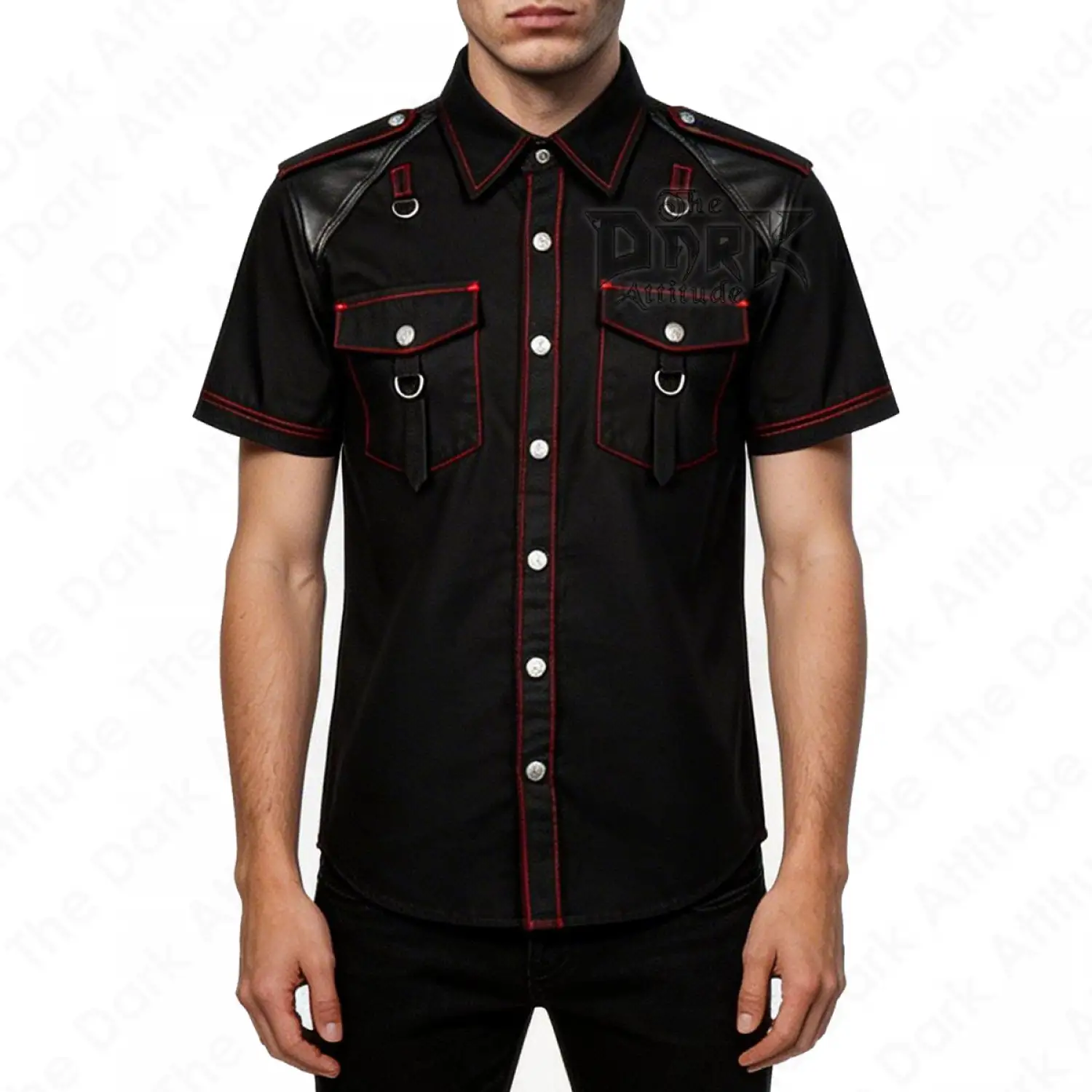 Men's black gothic leather shoulder shirt with red contrast stitching and D-rings.