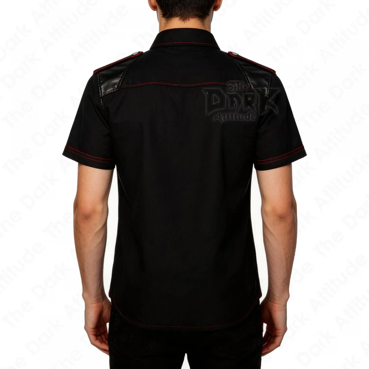 Men's black gothic leather shoulder shirt with red contrast stitching and D-rings.