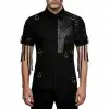 Men's black gothic shirt with a faux leather panel, metal D-rings, and sleeve tassels.