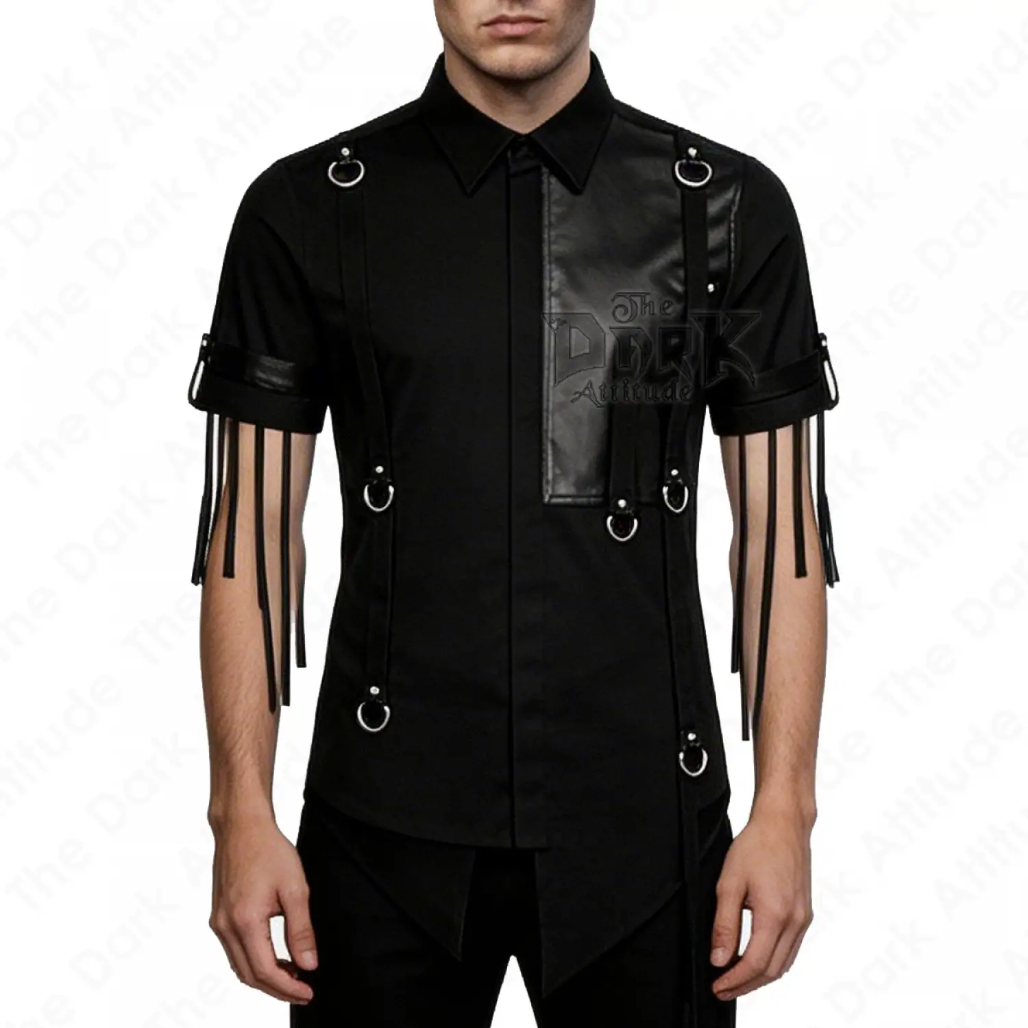 Men's black gothic shirt with a faux leather panel, metal D-rings, and sleeve tassels.