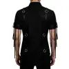 Men's black gothic shirt with a faux leather panel, metal D-rings, and sleeve tassels.