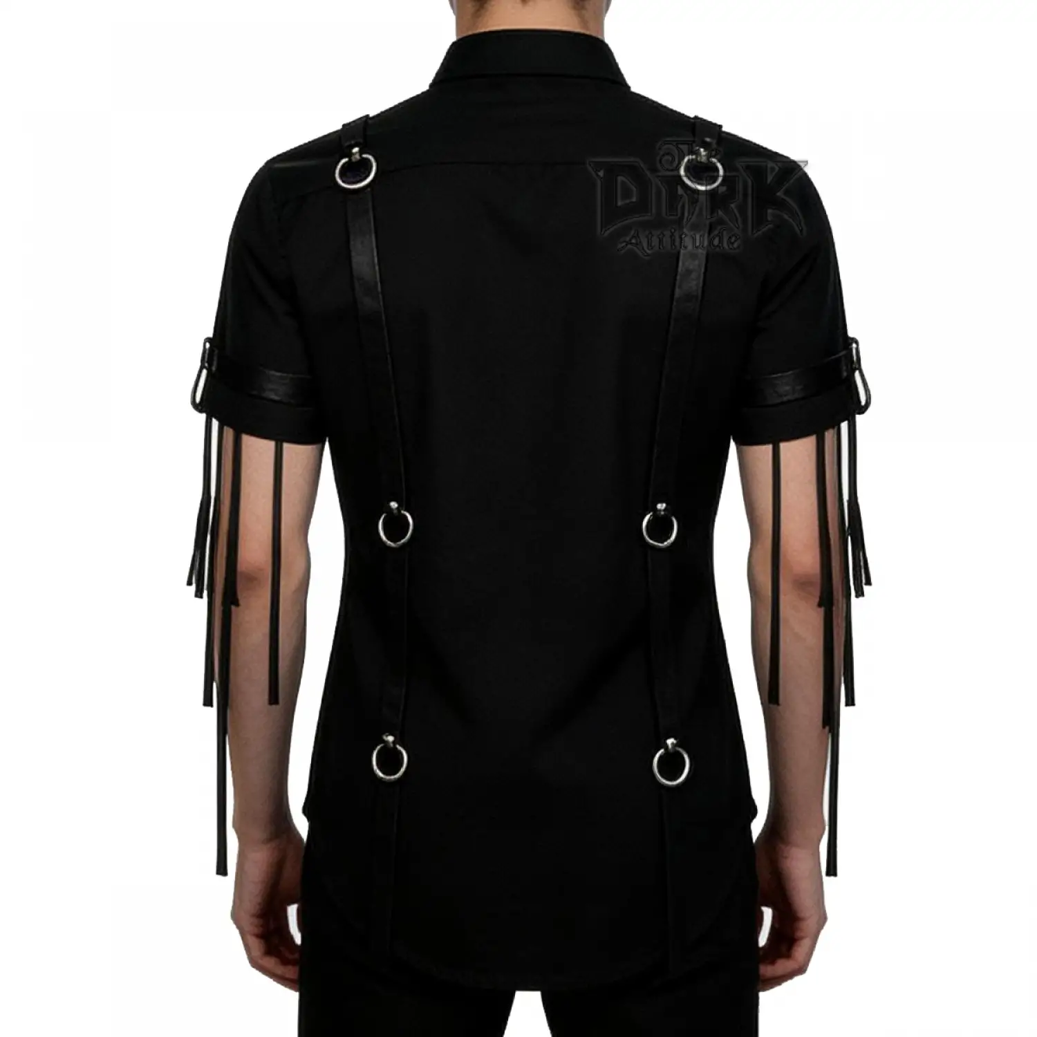 Men's black gothic shirt with a faux leather panel, metal D-rings, and sleeve tassels.
