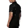 Men's black gothic shirt with a faux leather panel, metal D-rings, and sleeve tassels.