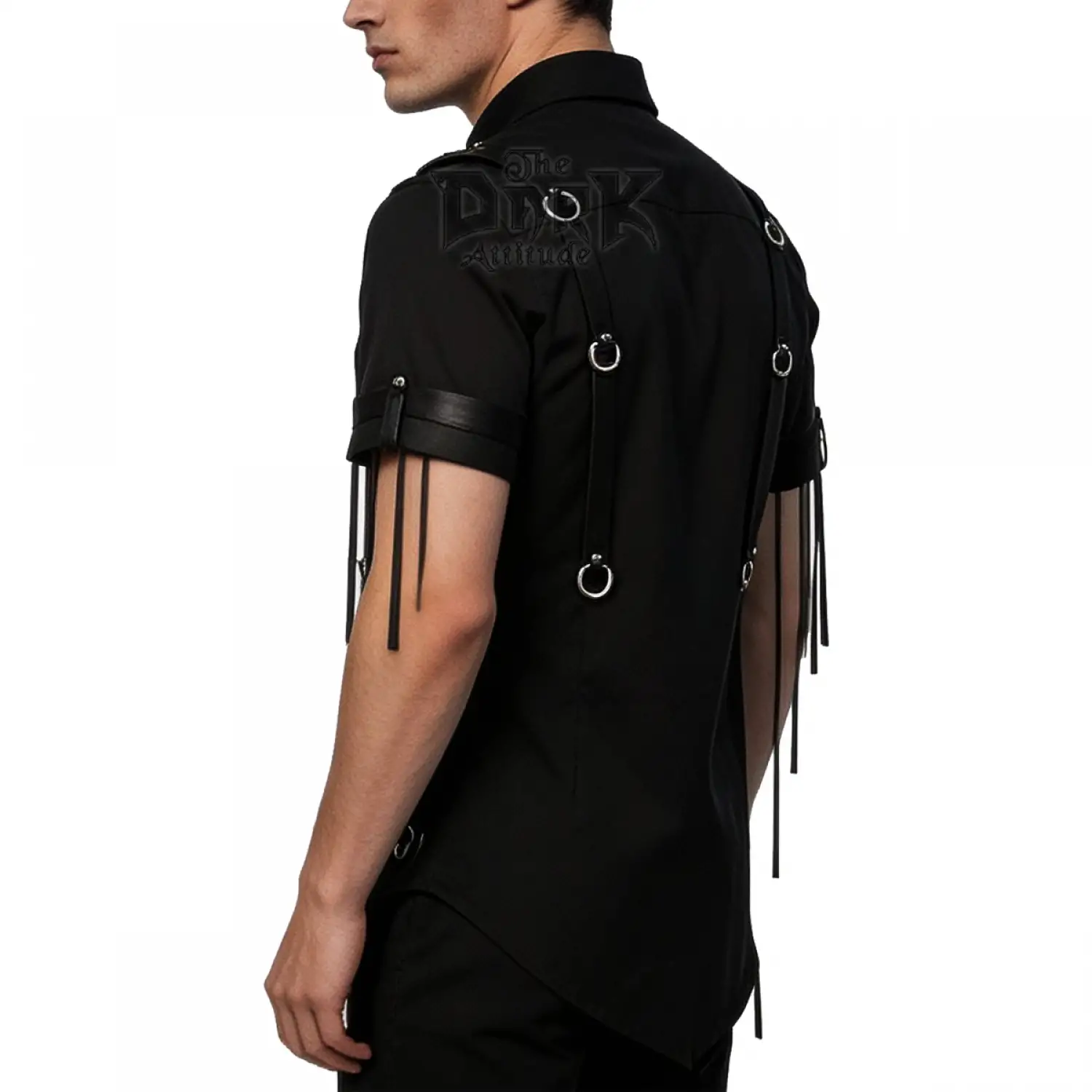 Men's black gothic shirt with a faux leather panel, metal D-rings, and sleeve tassels.