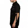 Black industrial shirt with red contrast stitching and hanging metal D-ring straps.