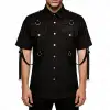 Black industrial shirt with red contrast stitching and hanging metal D-ring straps.
