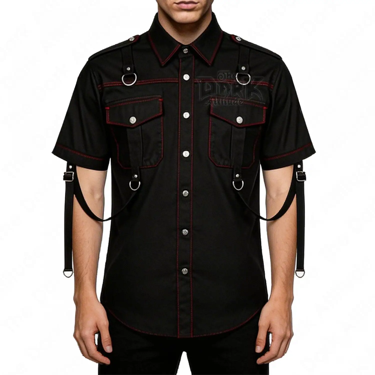 Black industrial shirt with red contrast stitching and hanging metal D-ring straps.