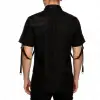 Black industrial shirt with red contrast stitching and hanging metal D-ring straps.