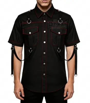 Industrial Gothic Shirt with Red Contrast Stitching