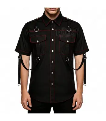Industrial Gothic Shirt with Red Contrast Stitching