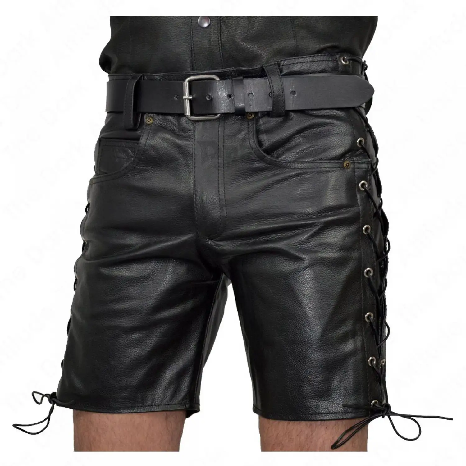 Men’s Black Leather Shorts with Side Lace-Up Detail Men's slim-fit black leather shorts with full lace-up detailing on the sides and a black belt.