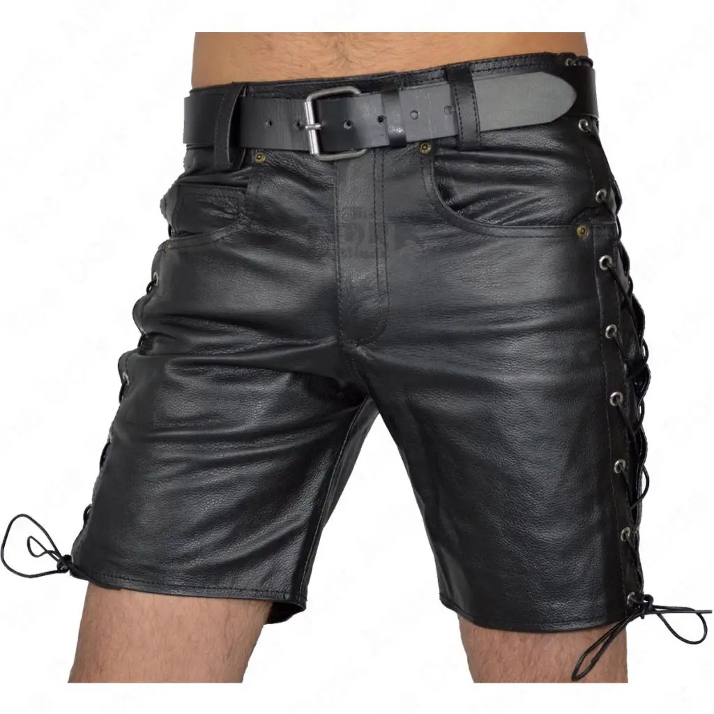 Men's Black Leather Fetish Shorts with Lace-Up Front & Sides main image 0
