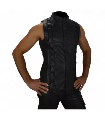 Fetish Lace Up Black Biker Leather Vest